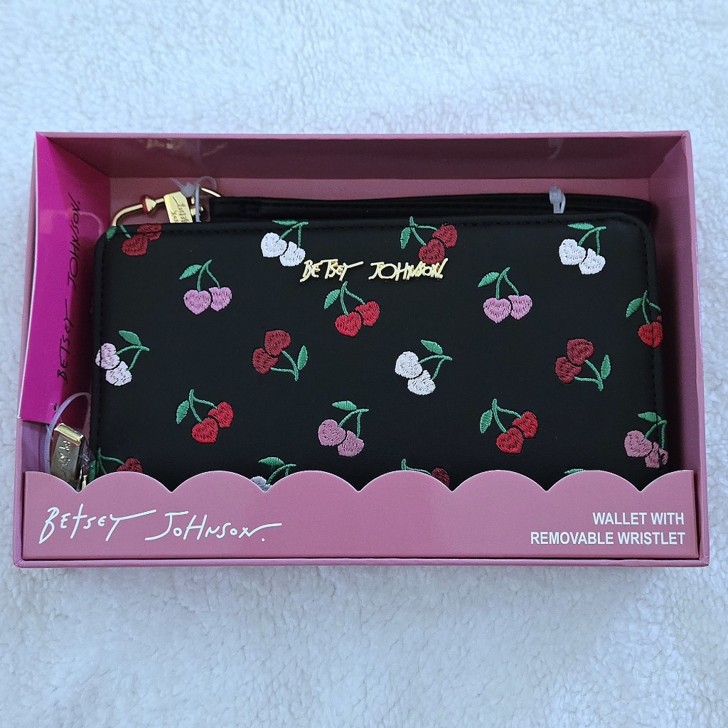 Betsey Johnson Embroidered Cherries Zip Around Wristlet - Nib